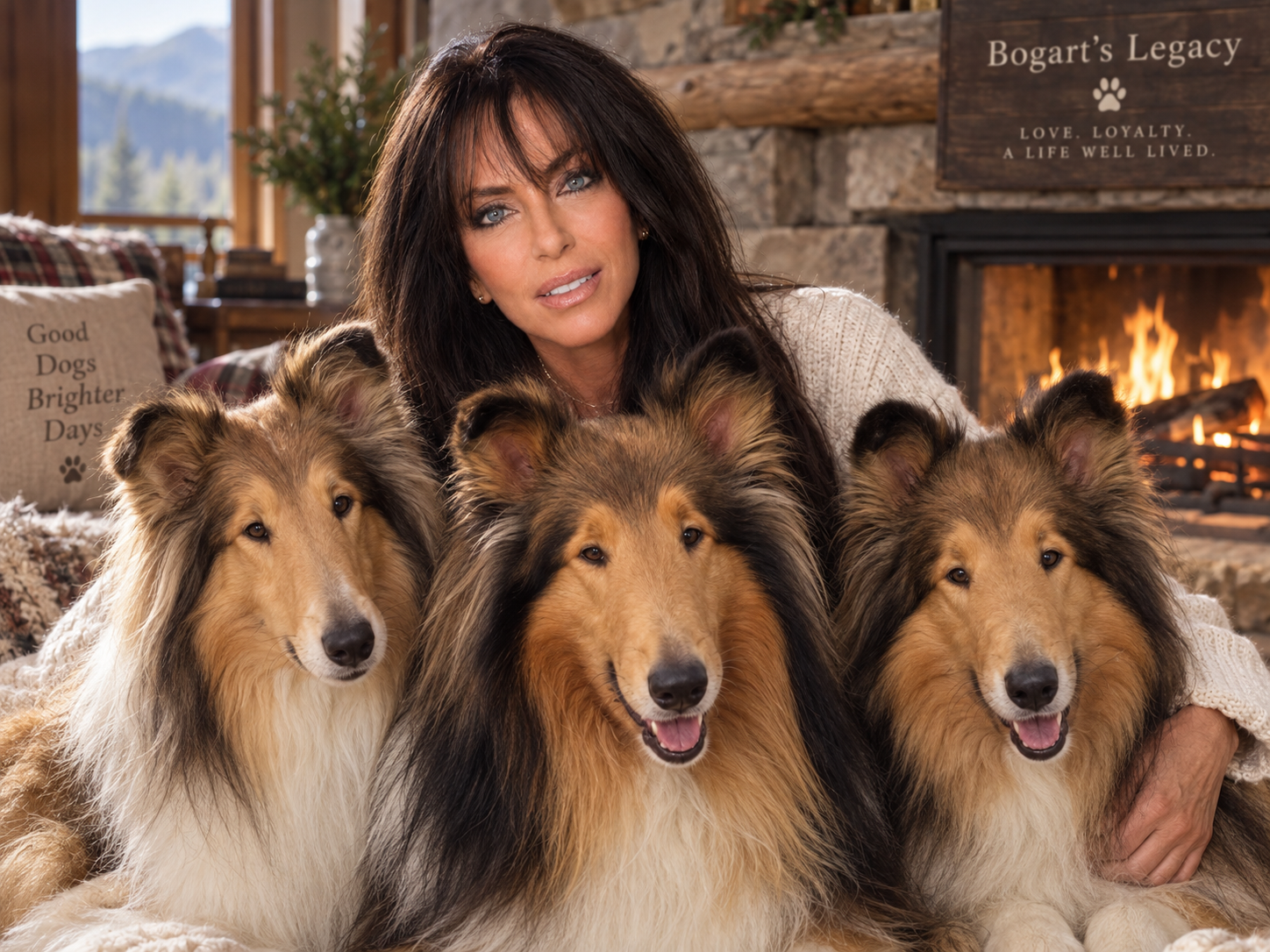Jill Lanese with Ciara, Bogart, and Paris by the fireplace